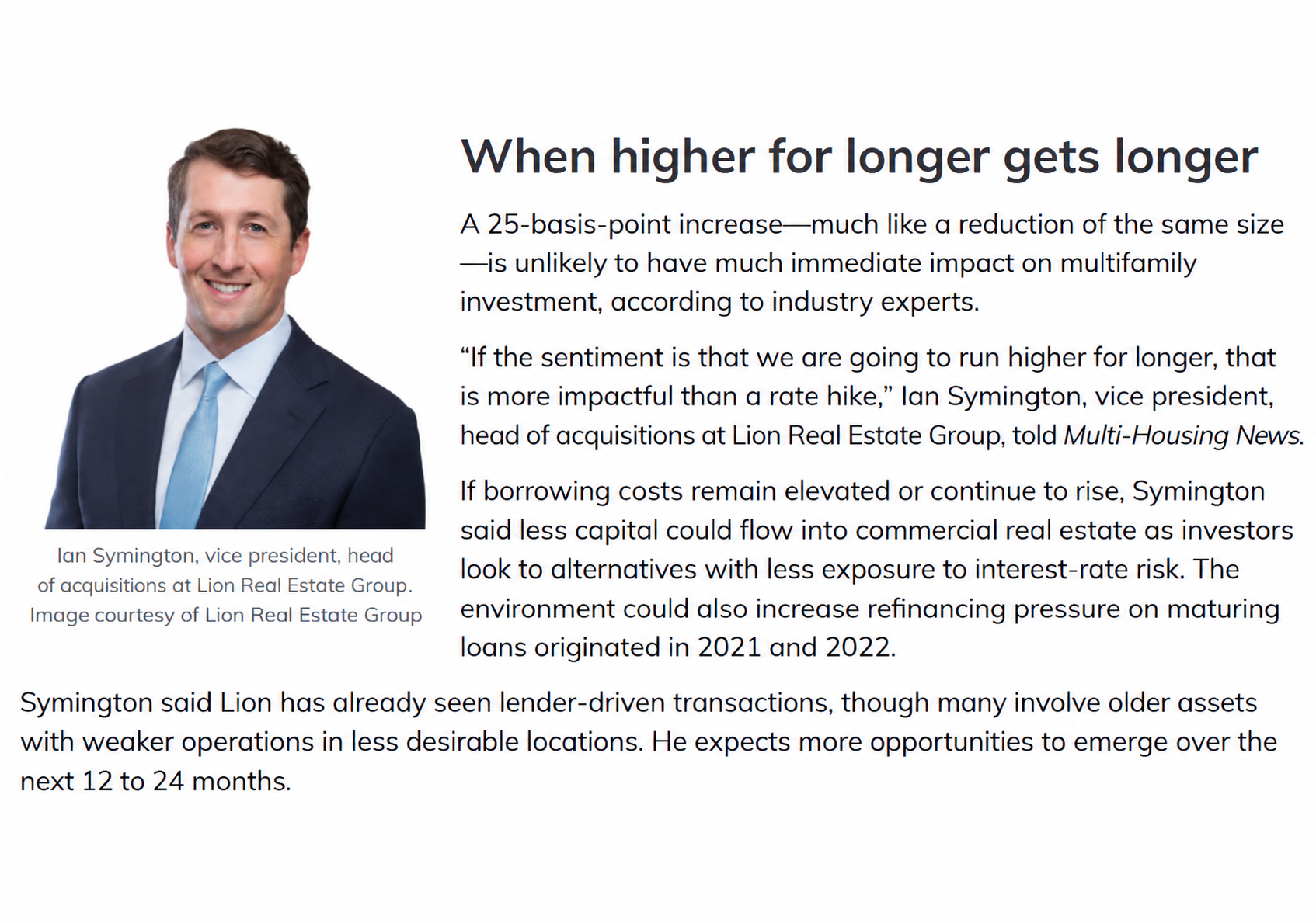 MULTI-HOUSING NEWS. Ian Symington, Vice President, Head of Acquisitions shares his perspective about the effects of the Fed rate increase and the potential impact on the Multifamily sector.